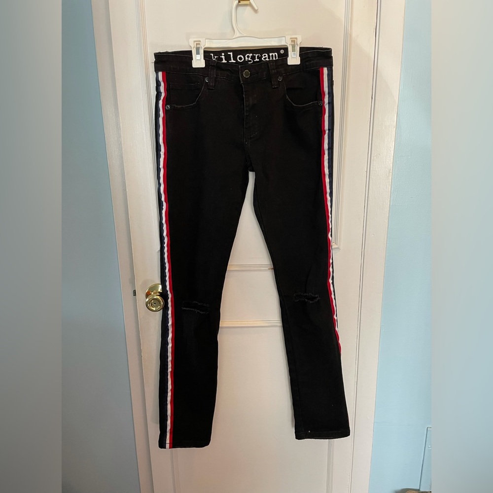 Mens 34 black denim jeans ripped kilogram skater skinny stripe distressed